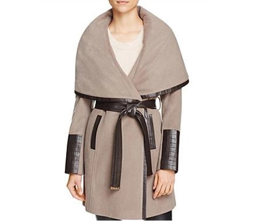 NWOT - VIA SPIGA Wool blend, Faux Leather, hooded, winter coat, Belted, size 6